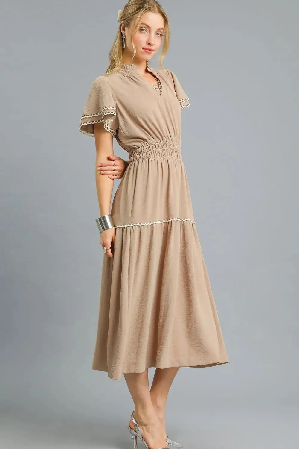 Embroidered V-Neck Boho Tiered Flutter Sleeve Midi Dress | Umgee by Trendsi