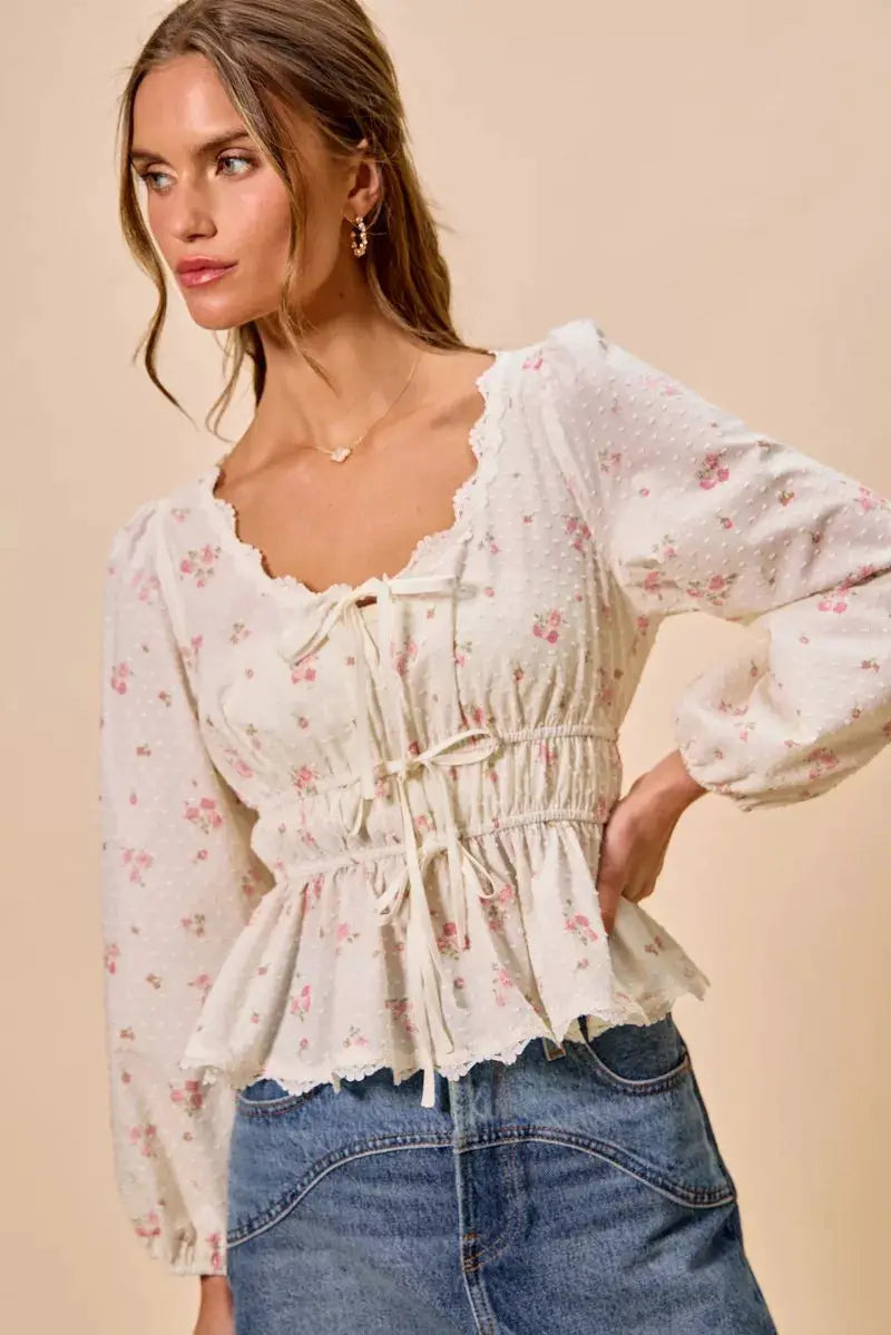 SO ME Floral Clip Dot Lace Trim Ruched Bodice Blouse by Trendsi