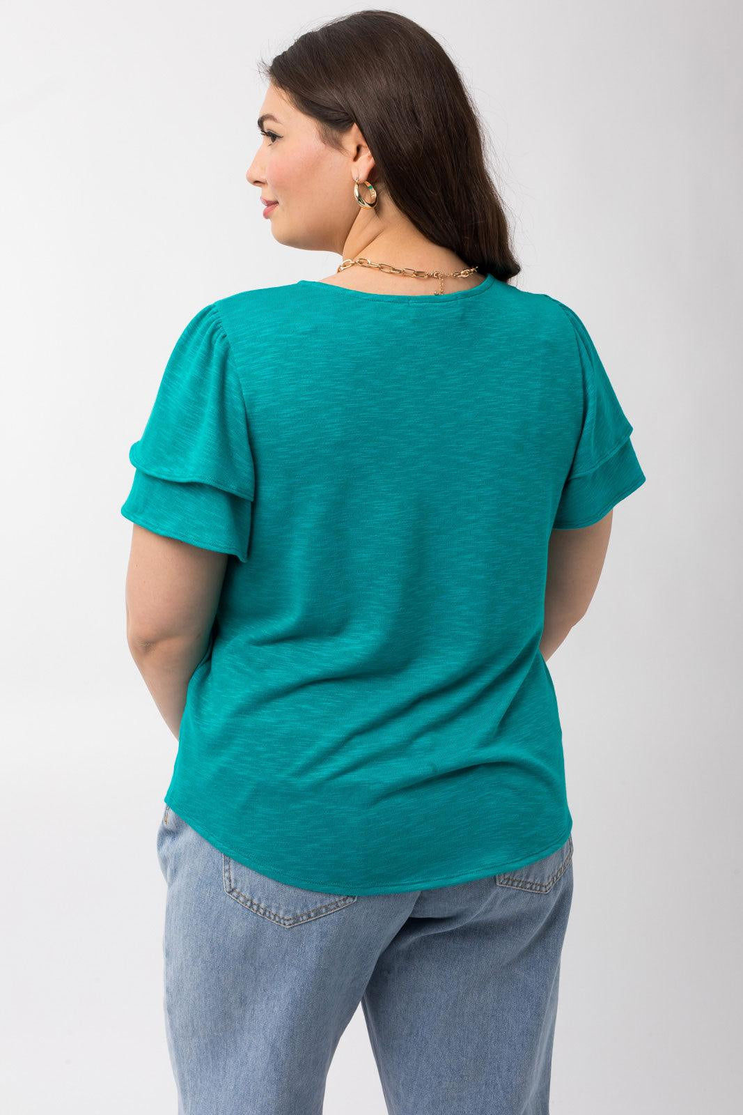 Plus Size Double Ruffle Sleeve Crew Neck Top