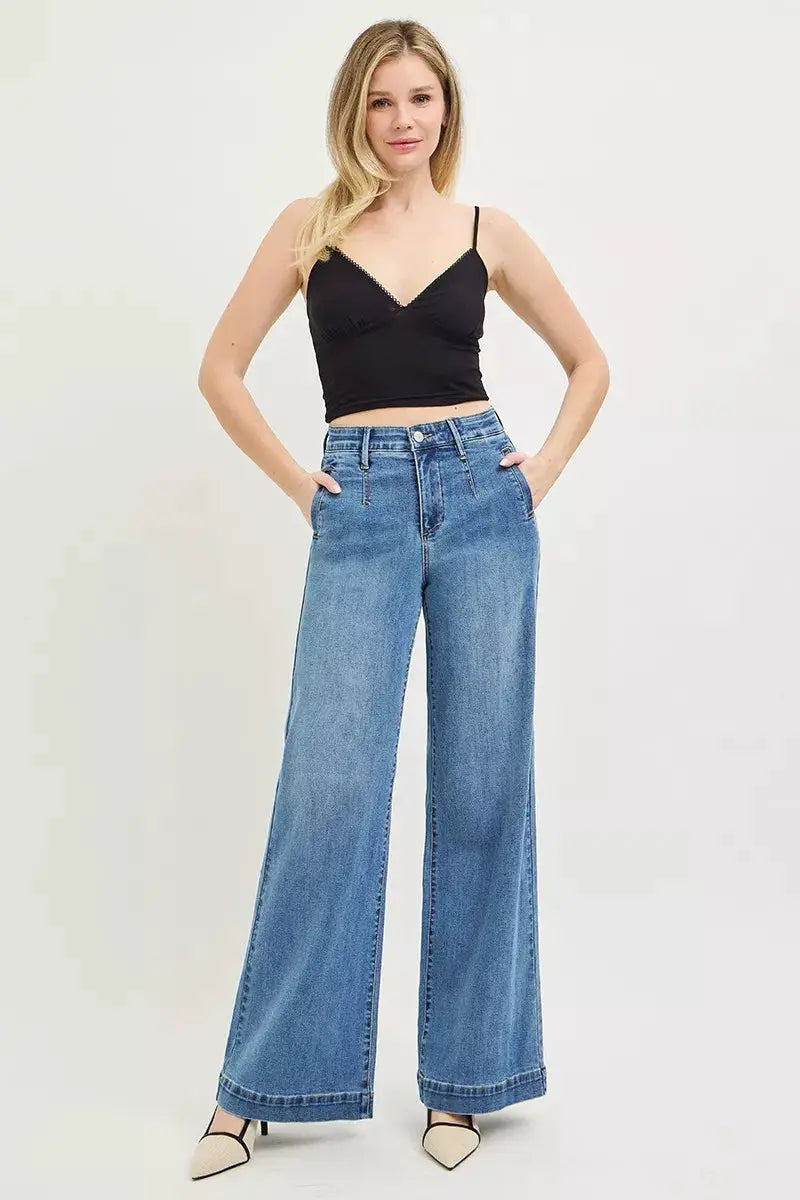 Tummy Control Elastic Band High Rise Wide Jeans | RISEN by Trendsi