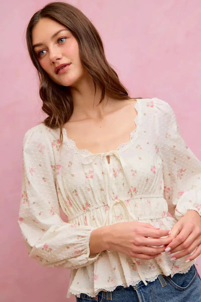 SO ME Floral Clip Dot Lace Trim Ruched Bodice Blouse by Trendsi