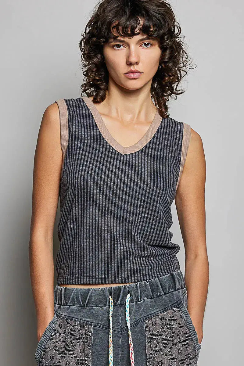 POL V-Neck Contrast Ribbed Sleeveless Tank by Trendsi