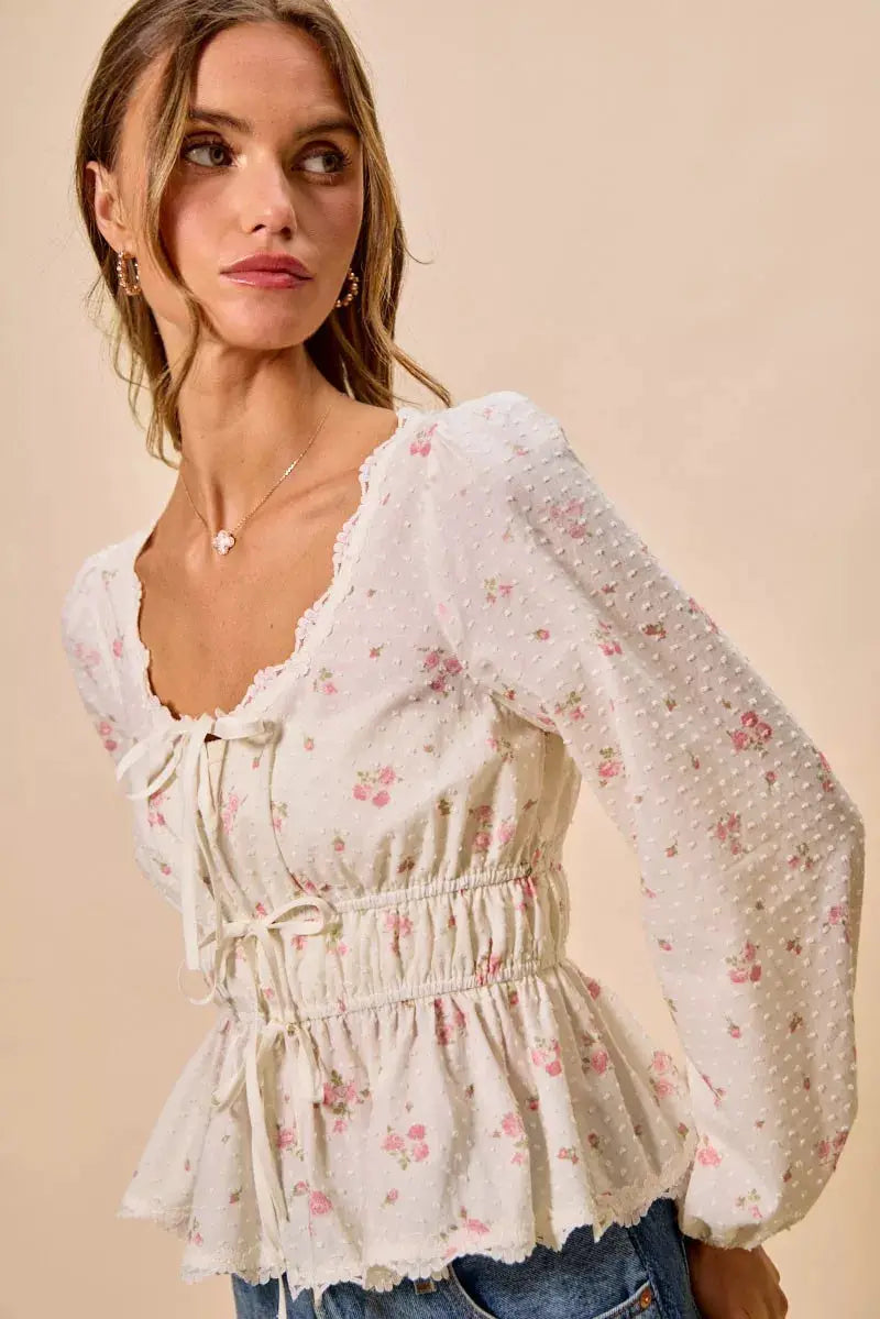 SO ME Floral Clip Dot Lace Trim Ruched Bodice Blouse by Trendsi