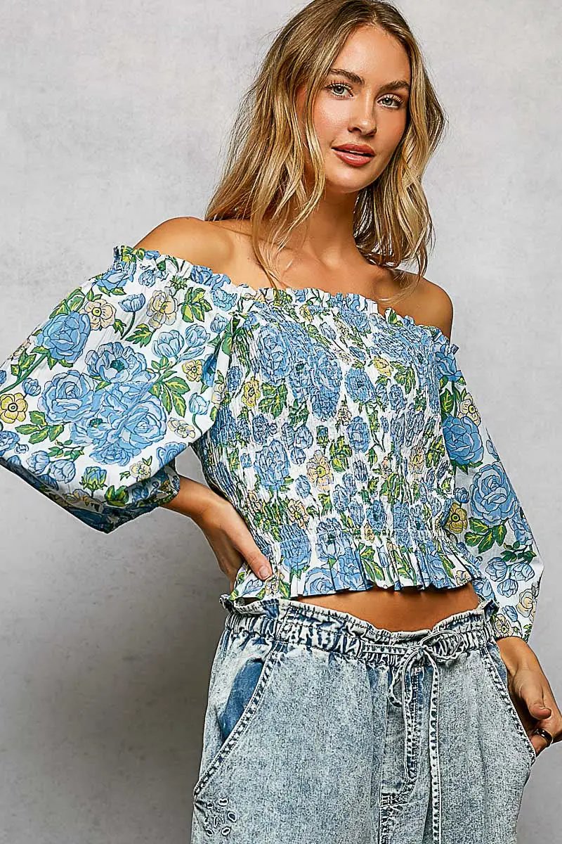 Floral Print Smocked Off-Shoulder Blouse | POL by Trendsi