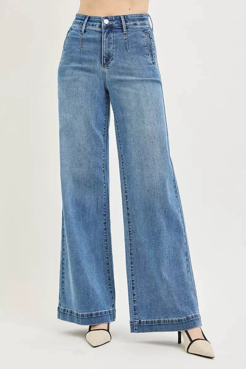 Tummy Control Elastic Band High Rise Wide Jeans | RISEN by Trendsi