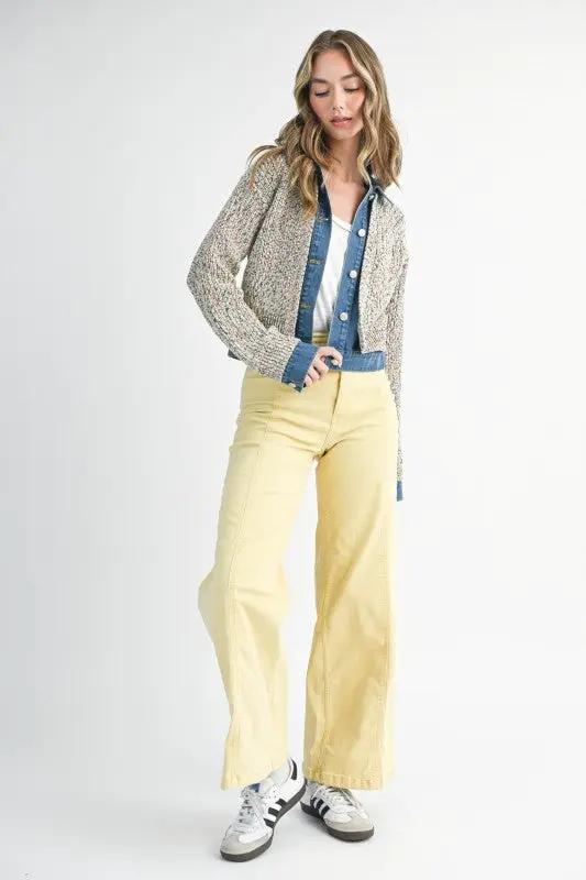 Multicolor Knit Button-Up Jacket With Denim Trim | Aemi + Co by Aemi + Co