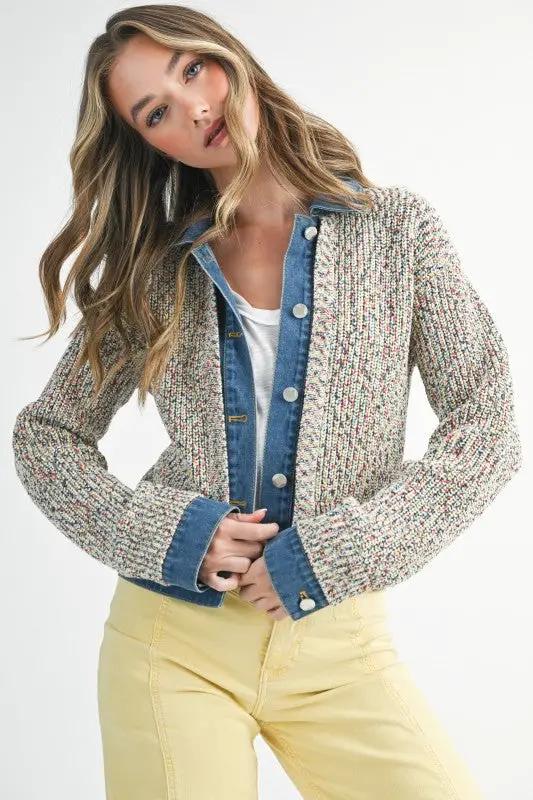 Multicolor Knit Button-Up Jacket With Denim Trim | Aemi + Co by Aemi + Co