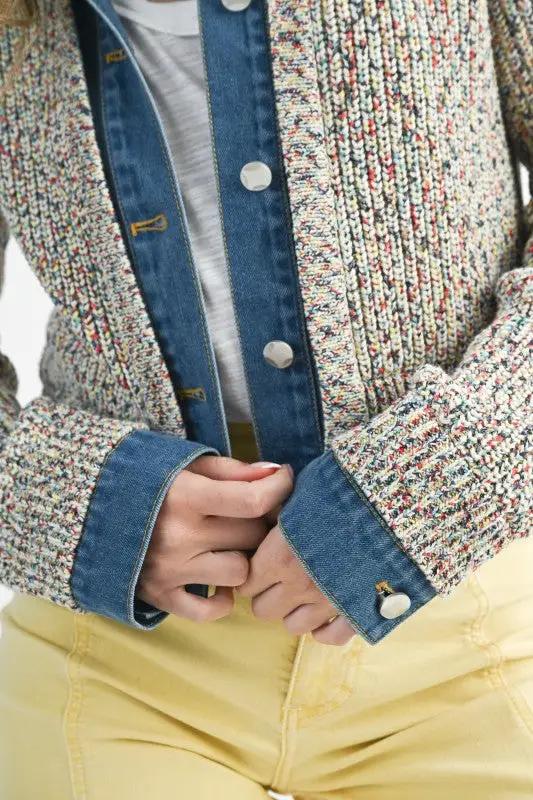 Multicolor Knit Button-Up Jacket With Denim Trim | Aemi + Co by Aemi + Co