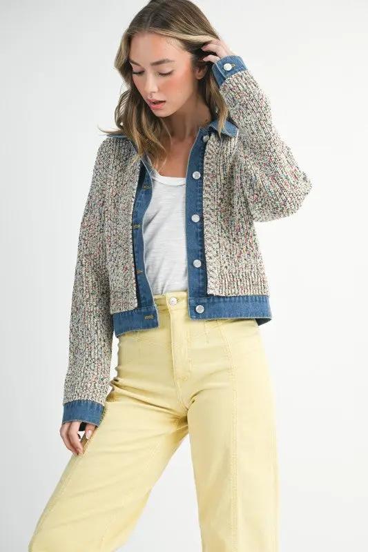 Multicolor Knit Button-Up Jacket With Denim Trim | Aemi + Co by Aemi + Co