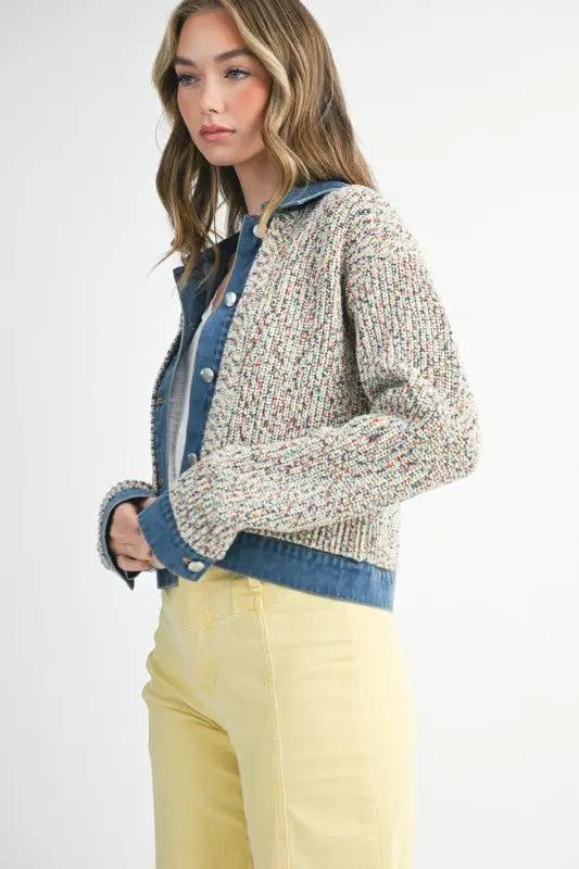 Multicolor Knit Button-Up Jacket With Denim Trim | Aemi + Co by Aemi + Co
