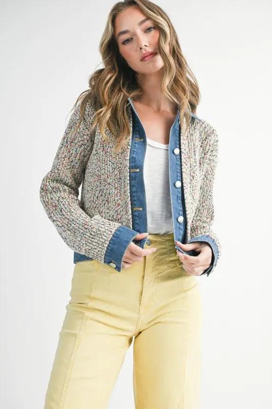 Multicolor Knit Button-Up Jacket With Denim Trim | Aemi + Co by Aemi + Co