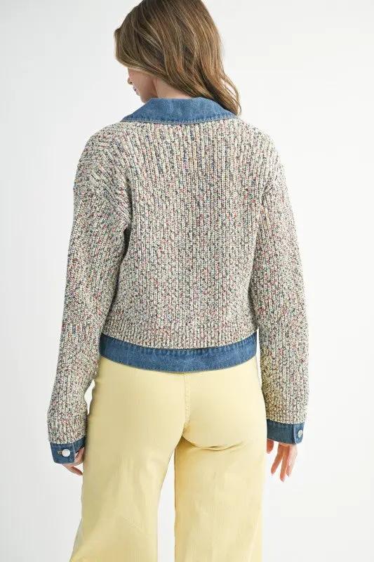 Multicolor Knit Button-Up Jacket With Denim Trim | Aemi + Co by Aemi + Co