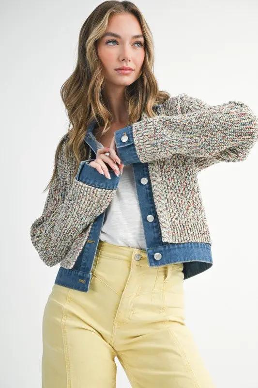 Multicolor Knit Button-Up Jacket With Denim Trim | Aemi + Co by Aemi + Co