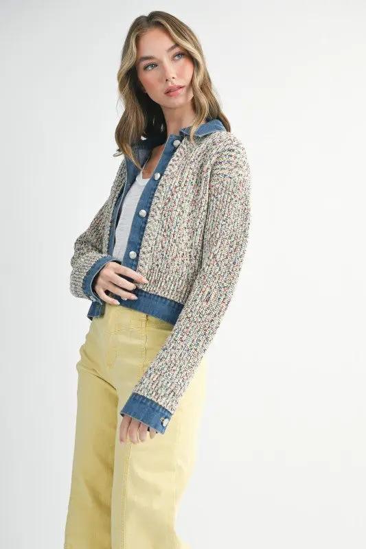 Multicolor Knit Button-Up Jacket With Denim Trim | Aemi + Co by Aemi + Co