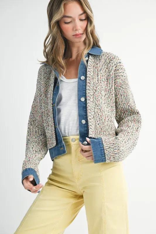 Multicolor Knit Button-Up Jacket With Denim Trim | Aemi + Co by Aemi + Co