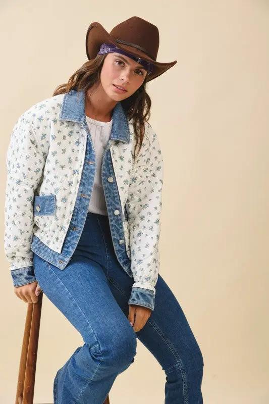 Floral Quilted Denim Trim Jacket | Aemi + Co by Aemi + Co