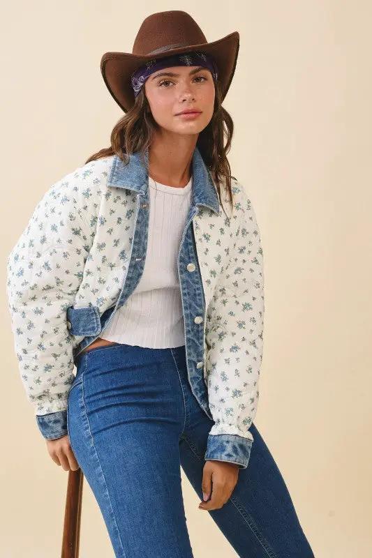 Floral Quilted Denim Trim Jacket | Aemi + Co by Aemi + Co