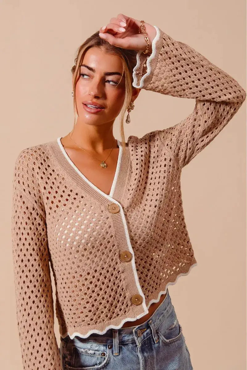 SO ME Open Knit Light Weight Sweater Cardigan With Contrast Wavy Scallop Edge by Trendsi