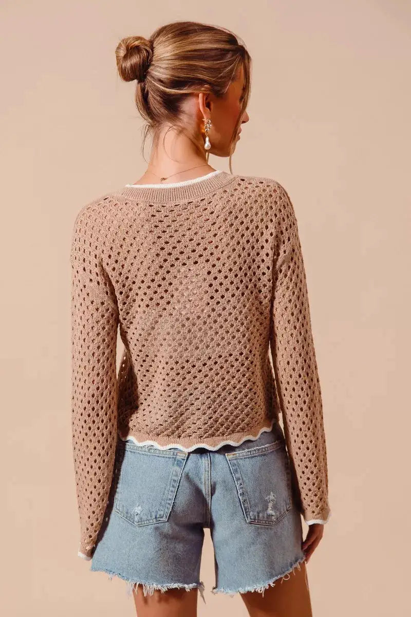 SO ME Open Knit Light Weight Sweater Cardigan With Contrast Wavy Scallop Edge by Trendsi