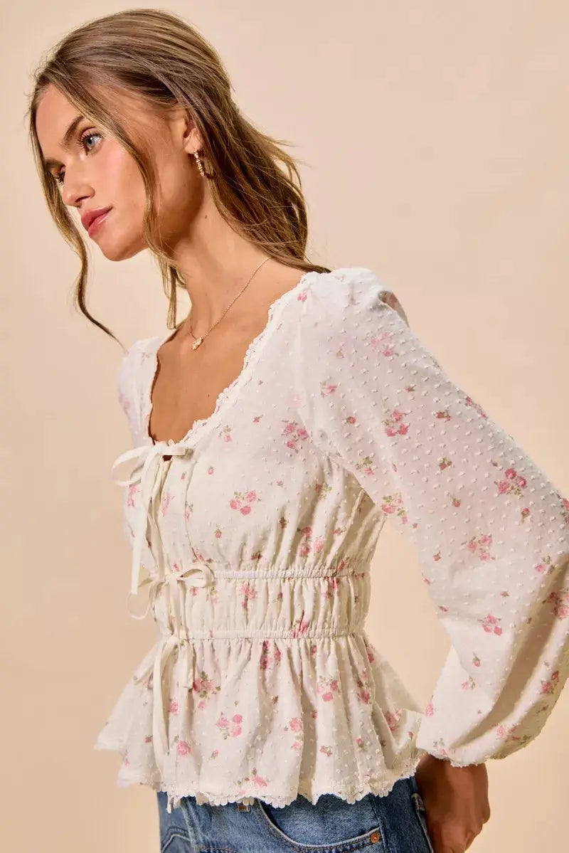 SO ME Floral Clip Dot Lace Trim Ruched Bodice Blouse by Trendsi
