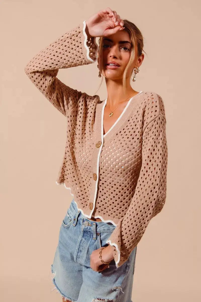 SO ME Open Knit Light Weight Sweater Cardigan With Contrast Wavy Scallop Edge by Trendsi