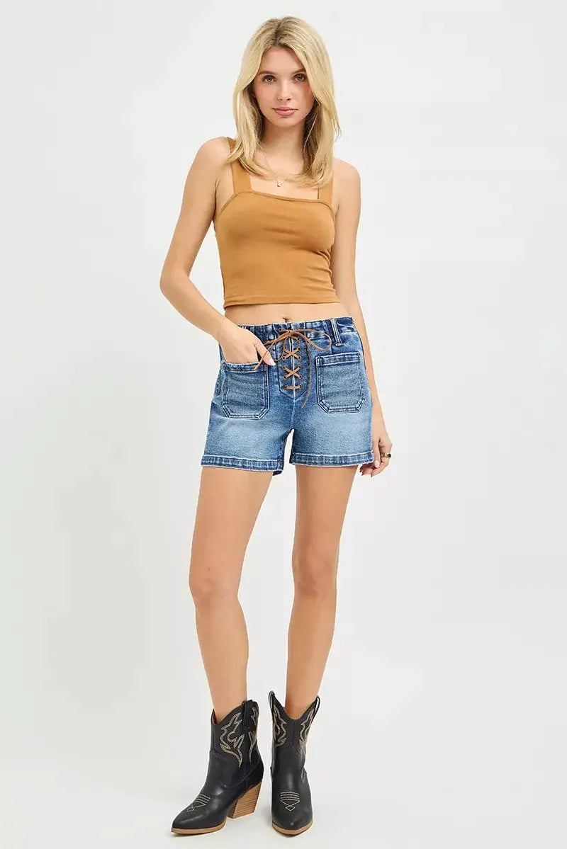 RISEN High Rise Front Tie Up Shorts with Patch Pockets by Trendsi