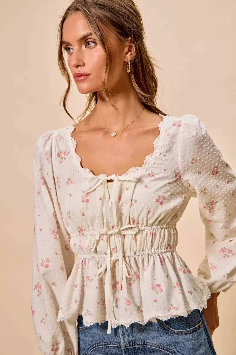 SO ME Floral Clip Dot Lace Trim Ruched Bodice Blouse by Trendsi