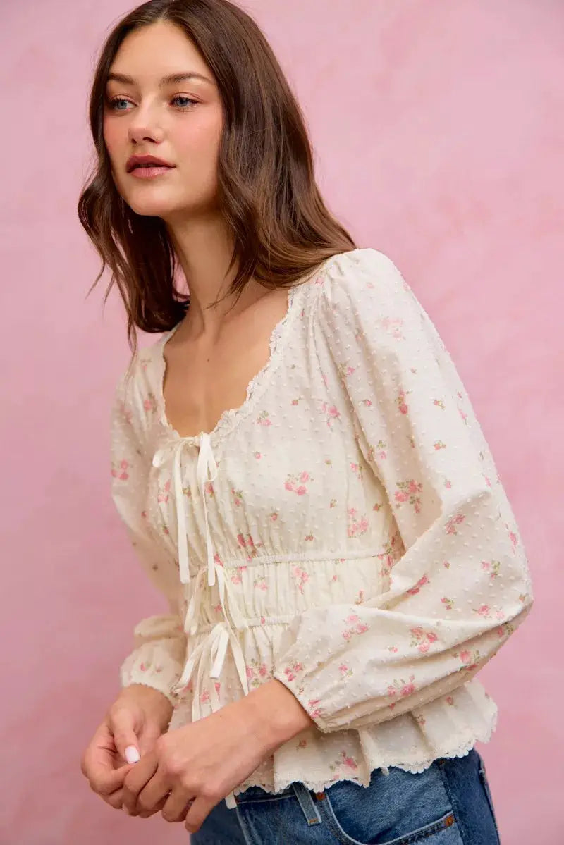 SO ME Floral Clip Dot Lace Trim Ruched Bodice Blouse by Trendsi