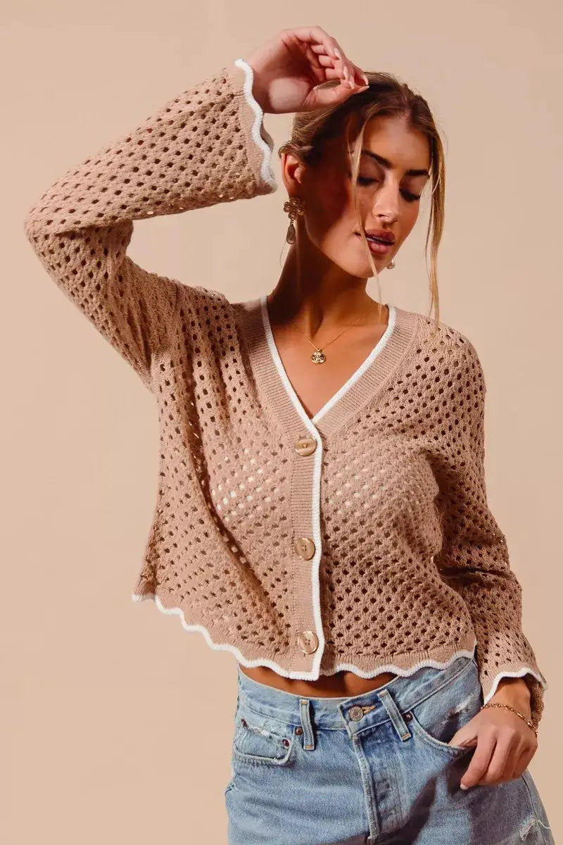 SO ME Open Knit Light Weight Sweater Cardigan With Contrast Wavy Scallop Edge by Trendsi