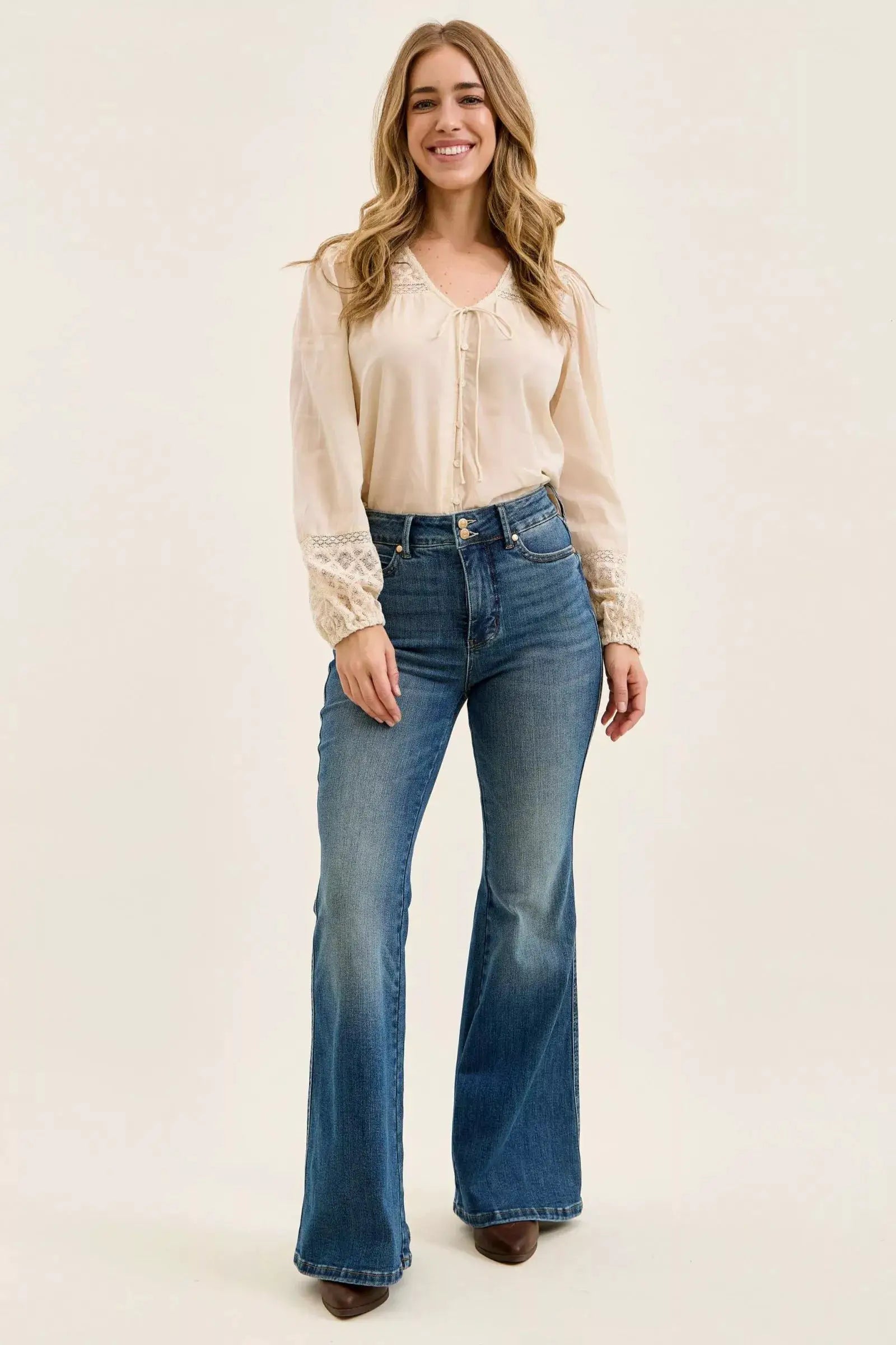 High Waist Double Button Tummy Control Flare Jeans | Judy Blue by Trendsi