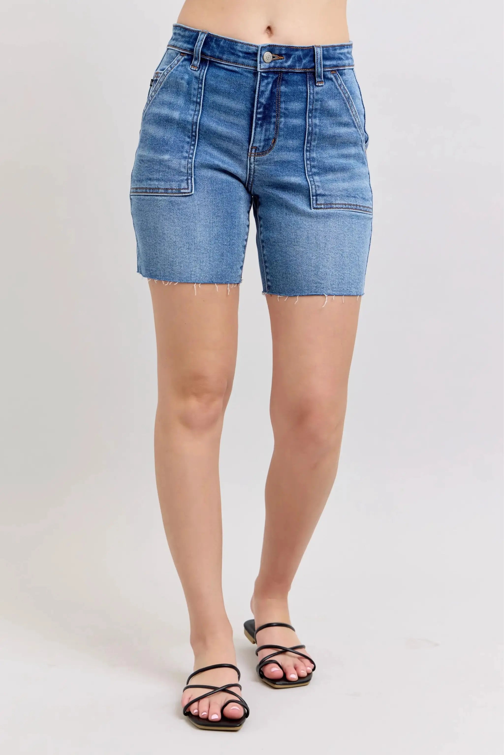 Full Size Mid Rise Bermudas Denim Shorts W/ Back Flap Pockets Plus | Judy Blue by Trendsi