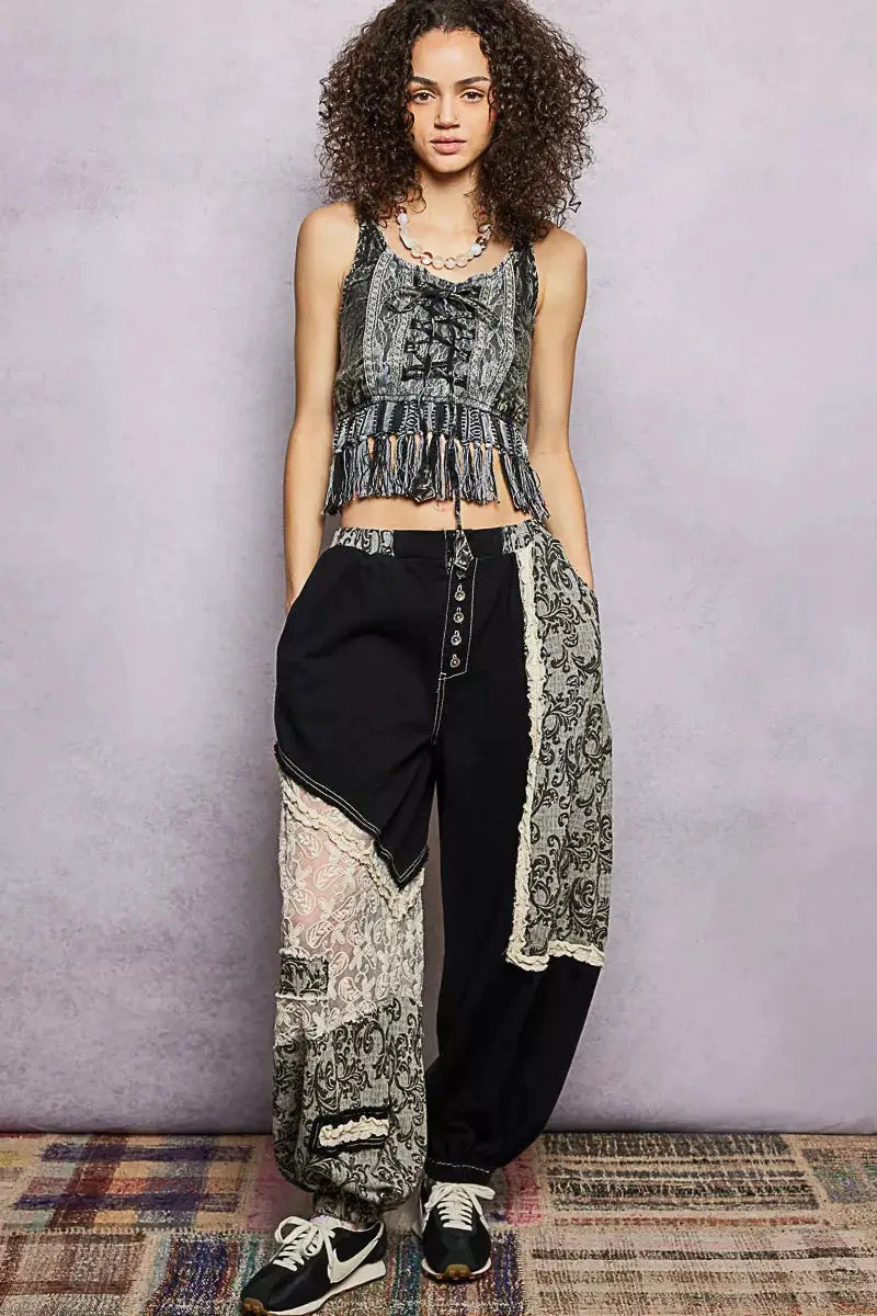 POL Lace-Up Fringe Hem Tank with Lace Detail by Trendsi