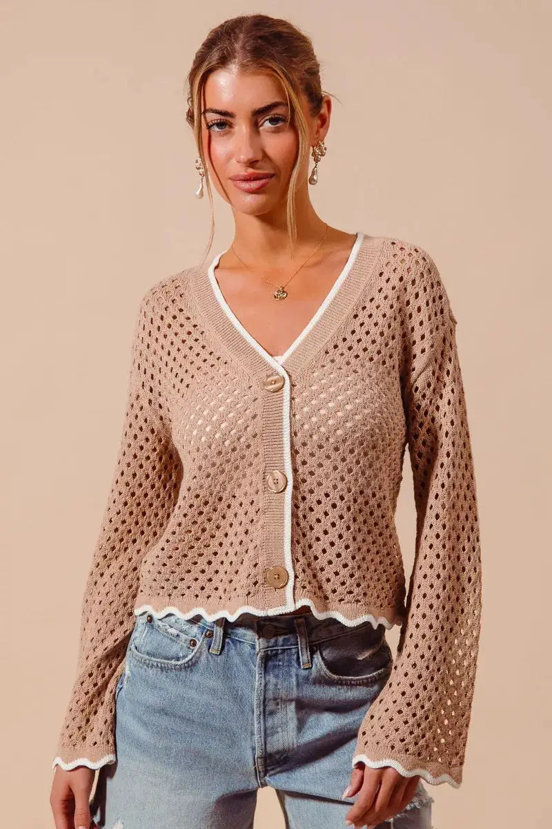SO ME Open Knit Light Weight Sweater Cardigan With Contrast Wavy Scallop Edge by Trendsi