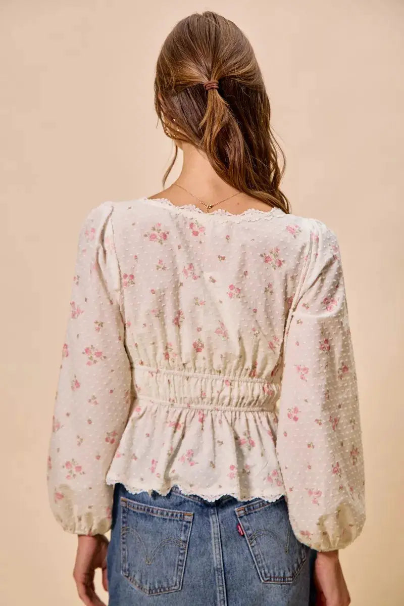 SO ME Floral Clip Dot Lace Trim Ruched Bodice Blouse by Trendsi