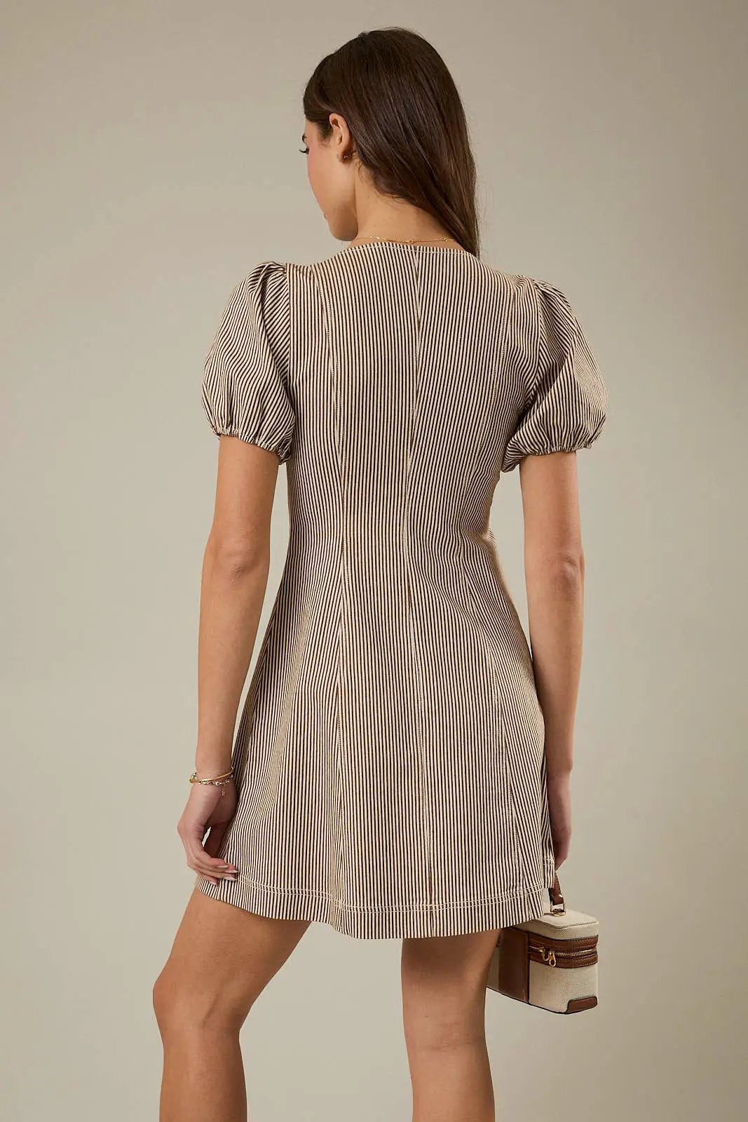 PUFF SLEEVE ZIP FRONT STRIPED DENIM MINI DRESS by Sunday Edition by LE LIS
