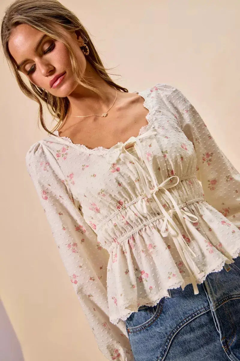 SO ME Floral Clip Dot Lace Trim Ruched Bodice Blouse by Trendsi