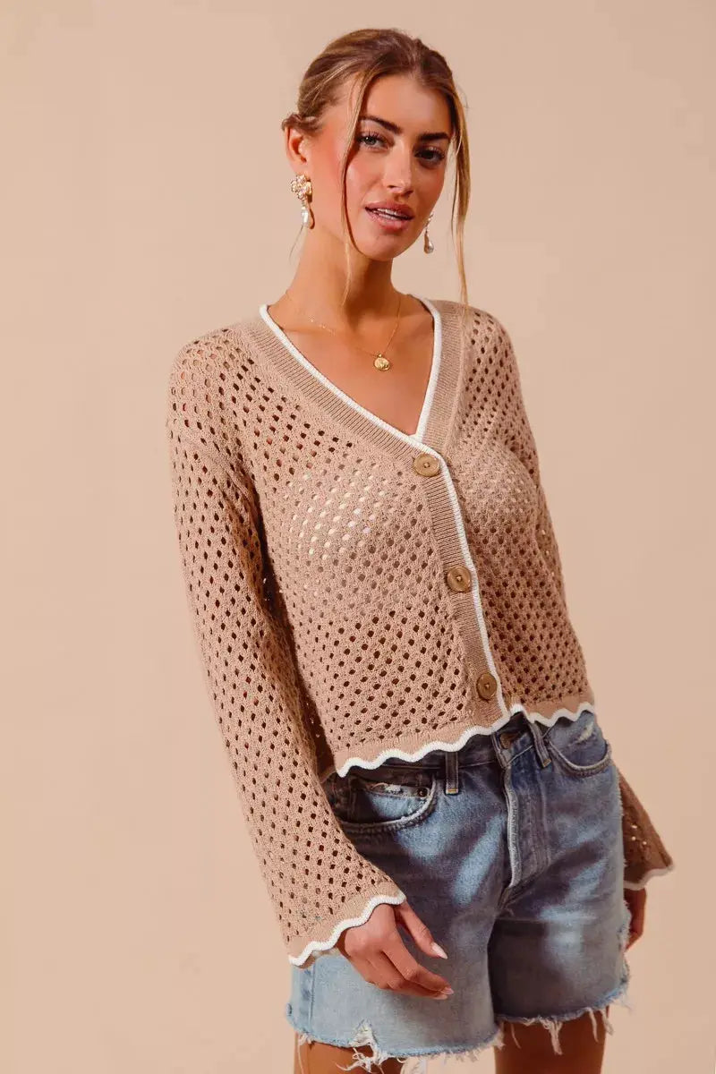 SO ME Open Knit Light Weight Sweater Cardigan With Contrast Wavy Scallop Edge by Trendsi