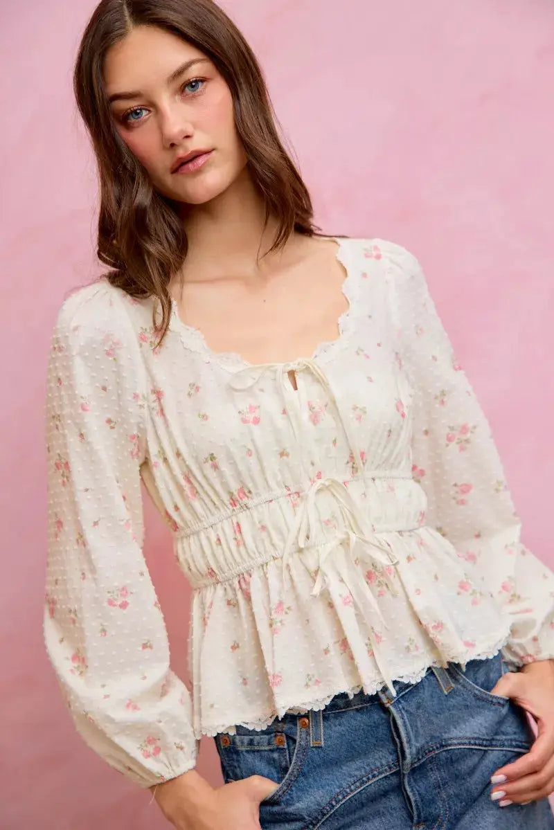 SO ME Floral Clip Dot Lace Trim Ruched Bodice Blouse by Trendsi