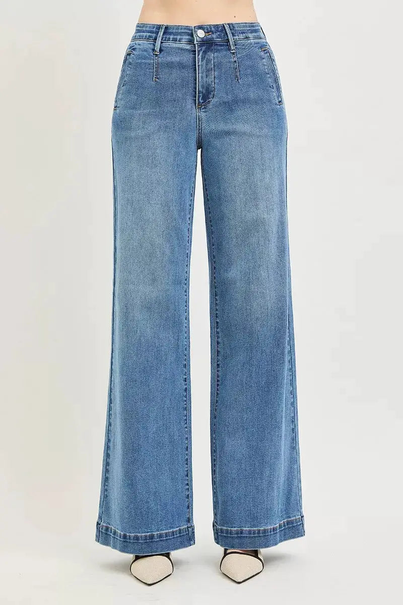 Tummy Control Elastic Band High Rise Wide Jeans | RISEN by Trendsi