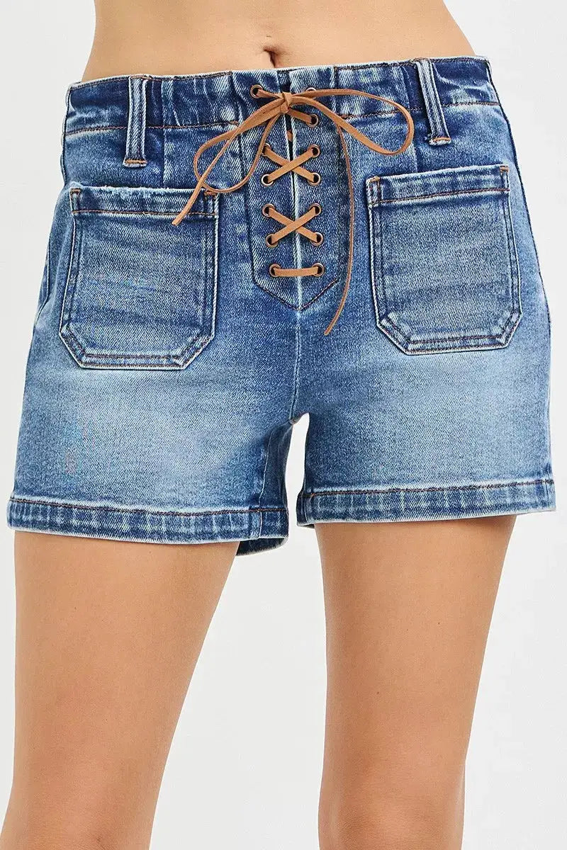 RISEN High Rise Front Tie Up Shorts with Patch Pockets by Trendsi