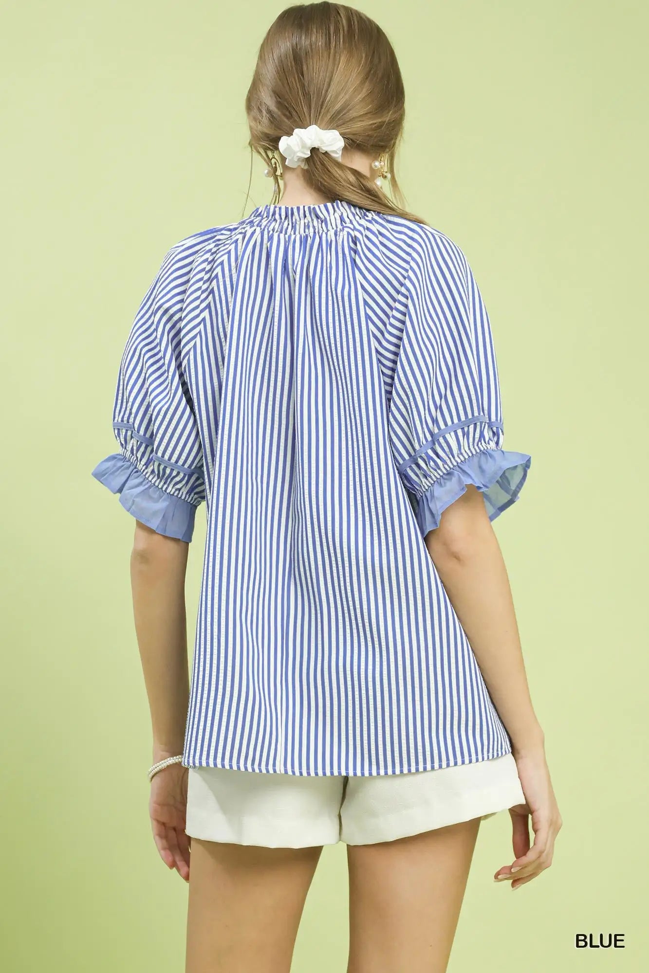 Stripe Ruffle Sleeve Split-Neck Blouse | Umgee by Trendsi