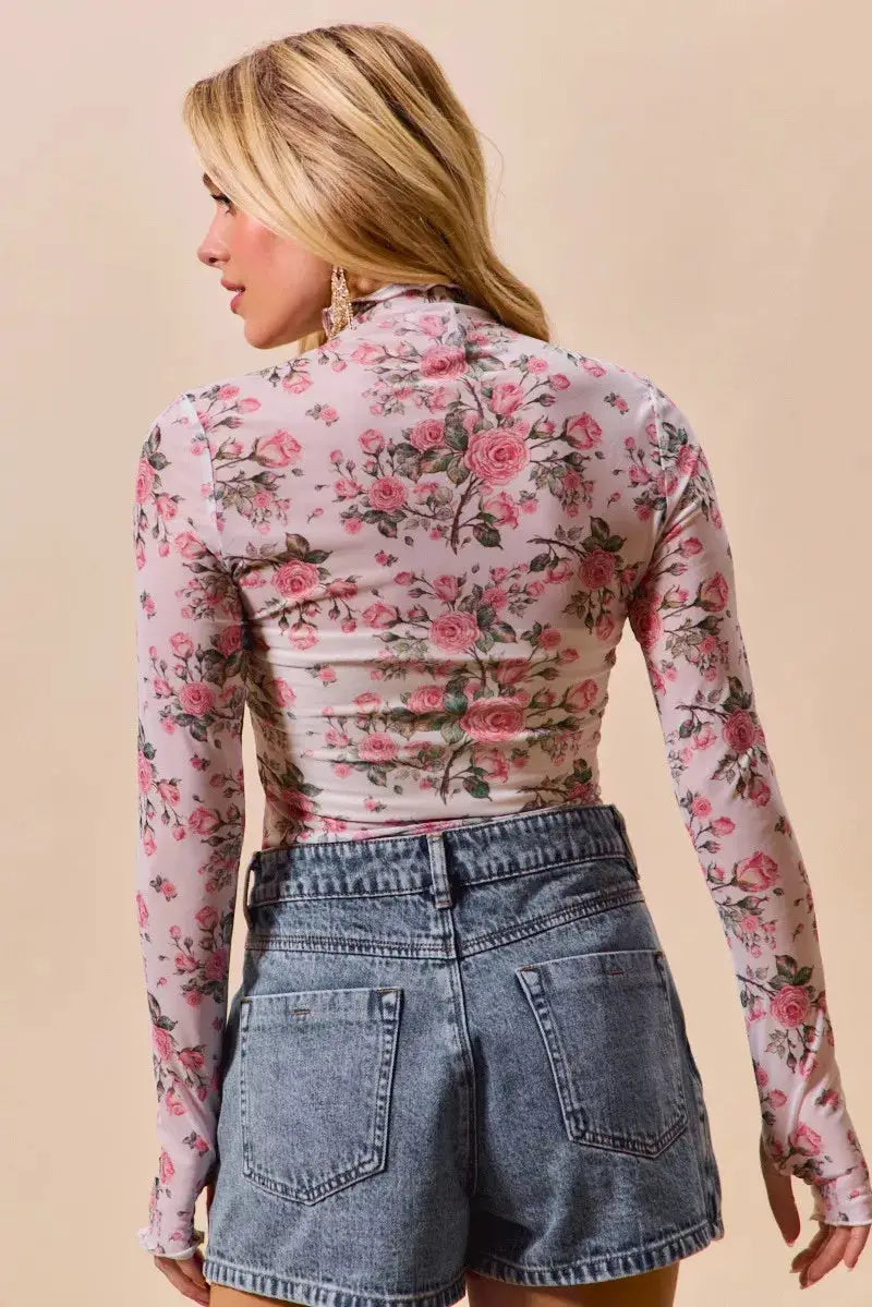 SO ME Floral Rose Print Mesh Sheer Layering Top by Trendsi