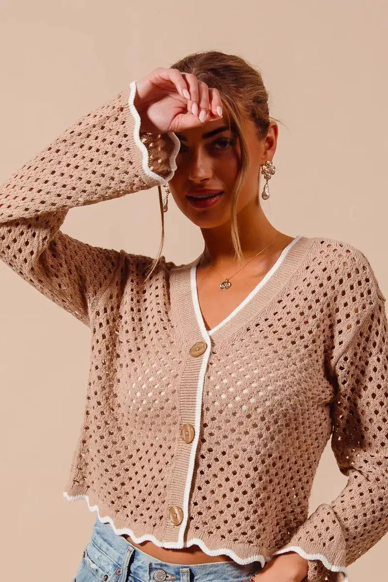 SO ME Open Knit Light Weight Sweater Cardigan With Contrast Wavy Scallop Edge by Trendsi