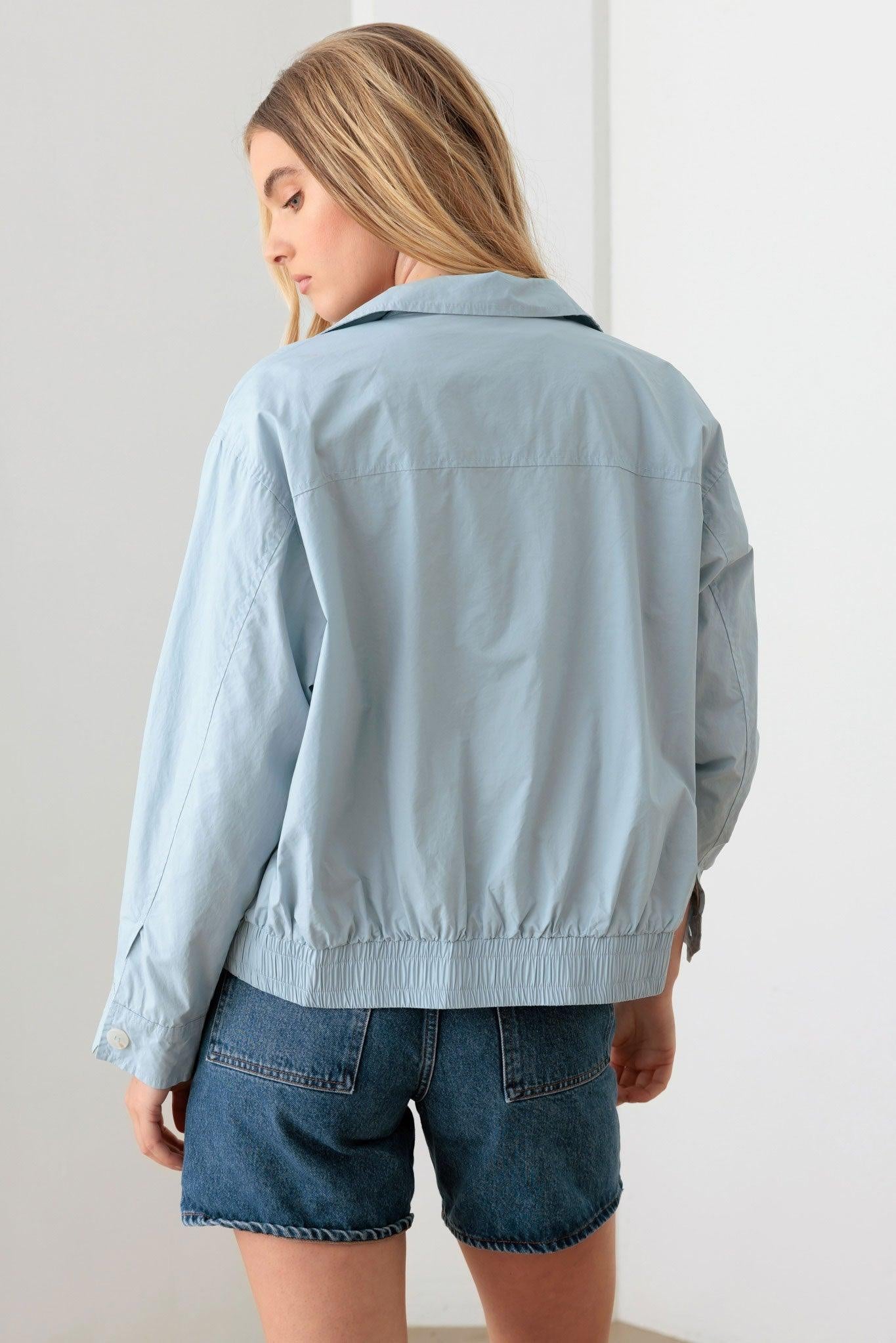 Baby Blue 100% Cotton Zip Up Collared Boxy Jacket Back View 