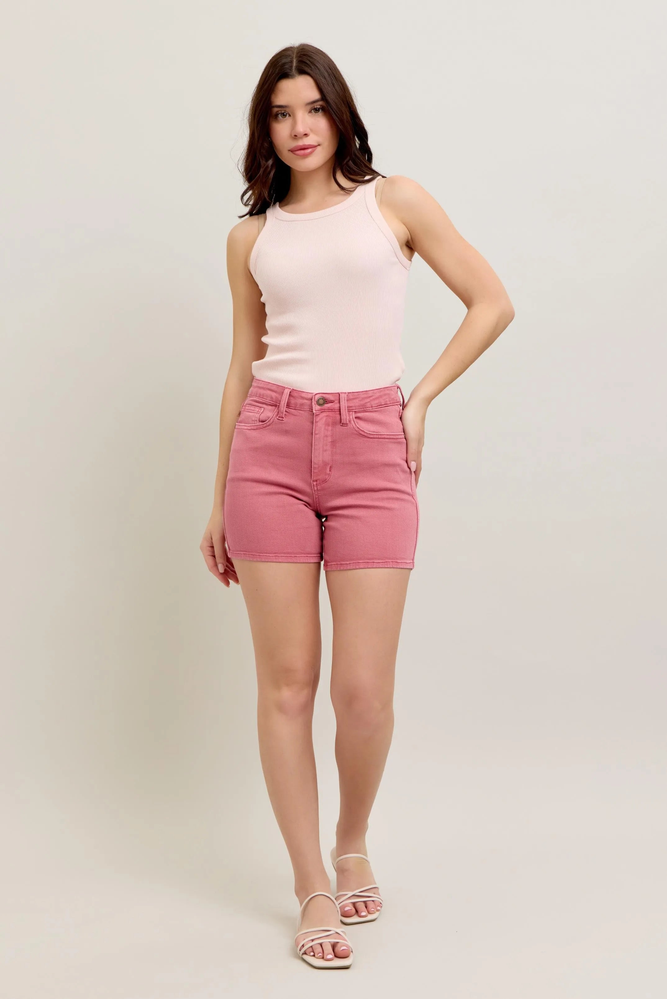 Front view of Judy Blue pink embroidered denim shorts1