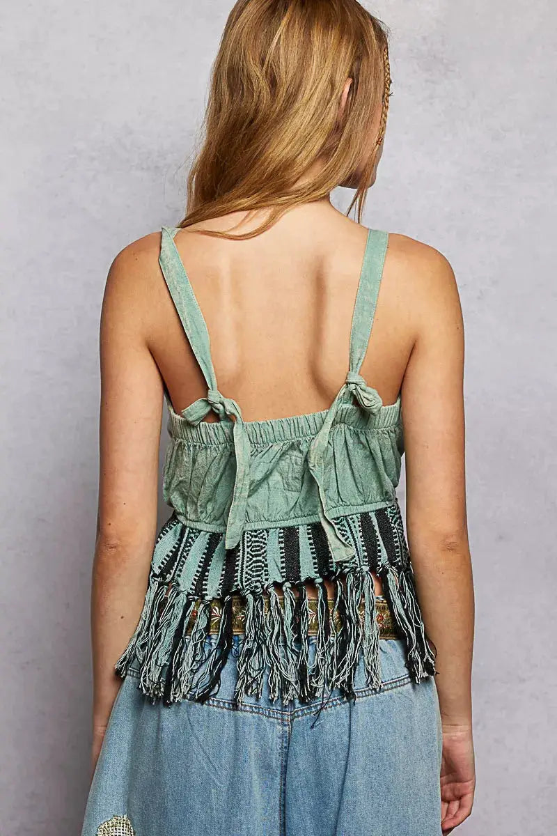 Lace-Up Fringe Hem Tank with Lace Detail | POL by Trendsi