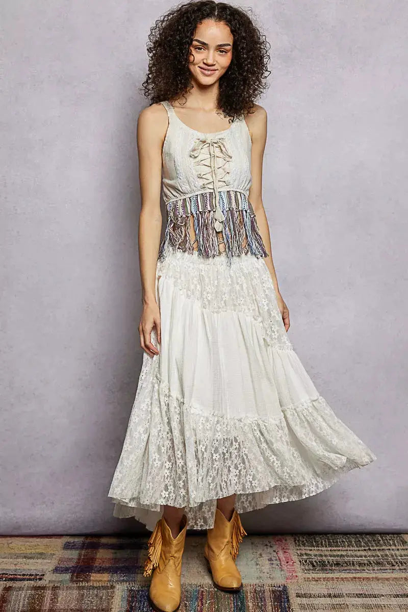 Lace-Up Fringe Hem Tank with Lace Detail | POL by Trendsi