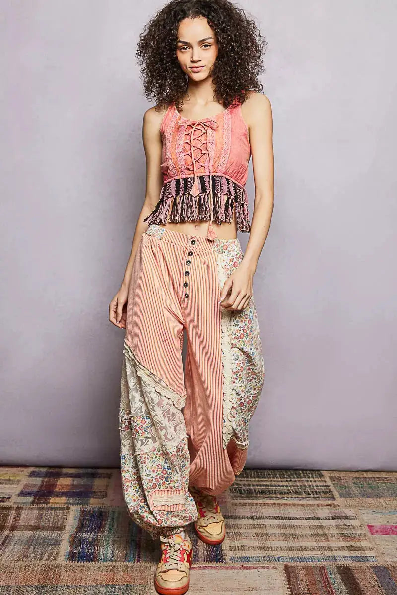 Lace-Up Fringe Hem Tank with Lace Detail | POL by Trendsi