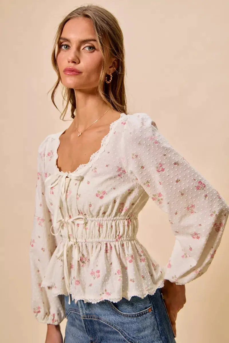 SO ME Floral Clip Dot Lace Trim Ruched Bodice Blouse by Trendsi