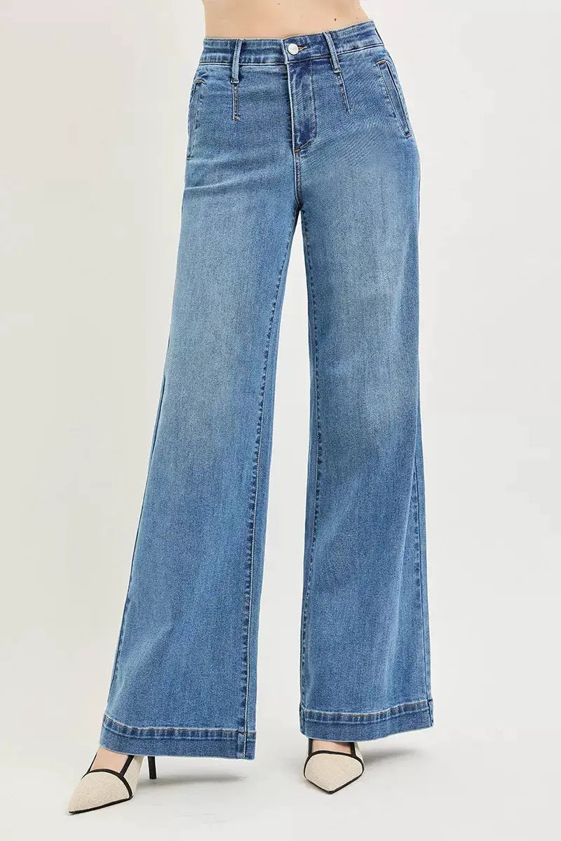 Tummy Control Elastic Band High Rise Wide Jeans | RISEN by Trendsi